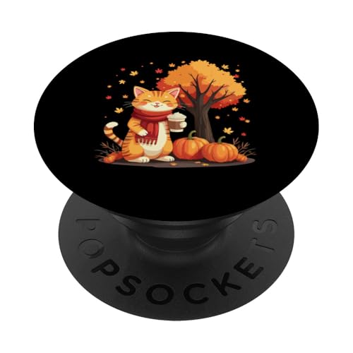 Süße Katze hält Eiskaffee unter Herbstbaum Herbstkatzenblatt PopSockets Klebender PopGrip von Cute Cat Holding Iced Coffee Under Fall Tree tees