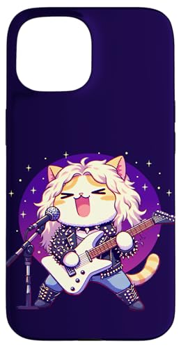 Hülle für iPhone 15 Lustiger Katzen-Rockstar-Gitarrist, Hair Metal, Glam-Rock-Musik von Cute Cat Lover Outfit Gifts Girls Women