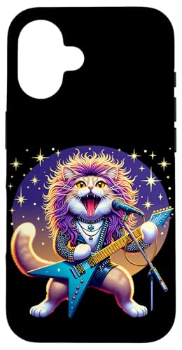 Hülle für iPhone 16 Cat Gitarrist Glam Hair Metal Music Rockstar Lustig von Cute Cat Lover Outfit Gifts Girls Women