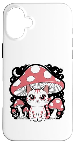 Hülle für iPhone 16 Plus Kawaii Katze Kätzchen Cottagcore Pilz Hut Vintage Grunge von Cute Cat shirt Cat Eating Ramen shirt Kitten Cat