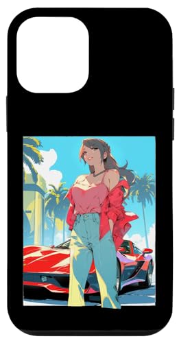 Hülle für iPhone 12 mini Brunette-Modell vor rotem Sportwagen-Illustration von Cute Fashion Model Illustrations