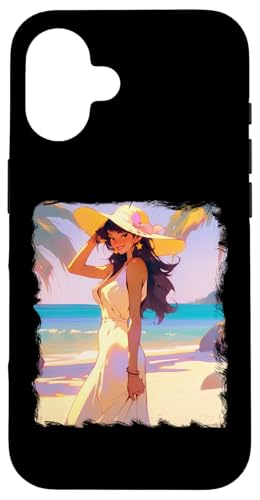 Hülle für iPhone 16 Schwarzes Haarmodell in weißem Kleid am Strand Illustration von Cute Fashion Model Illustrations