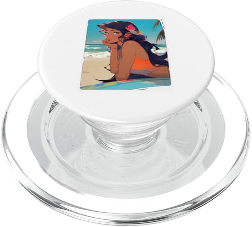 Schwarzes Haarmodell im Badeanzug am Strand Illustration PopSockets PopGrip für MagSafe von Cute Fashion Model Illustrations