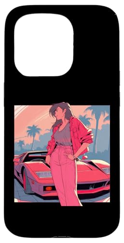 Hülle für iPhone 15 Pro Brünettes Modell vor einem roten Sportwagen von Cute Fashion Model illustrations