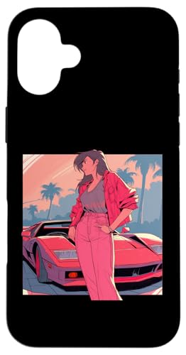 Hülle für iPhone 16 Plus Brünettes Modell vor einem roten Sportwagen von Cute Fashion Model illustrations