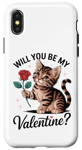 Hülle für iPhone X/XS Lustige Valentinstagskatze mit Rose, süßes romantisches Kätzchen, Frauen von Cute Funny Retro Valentine's Day Trendy T-Shirts