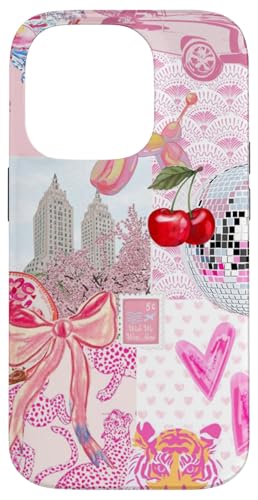 Hülle für iPhone 14 Pro Kirsche Discokugel auf rosa Gepard & Herz Kokette Muster von Cute Pink Collage Coquette Pattern