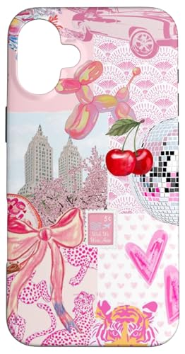 Hülle für iPhone 16 Plus Kirsche Discokugel auf rosa Gepard & Herz Kokette Muster von Cute Pink Collage Coquette Pattern