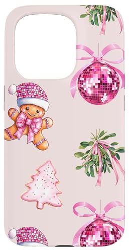 Hülle für iPhone 15 Pro Preppy Christmas Pink Discokugel Mistelzweig Lebkuchenmann von Cute Preppy Christmas Pink Disco Ball Coquette