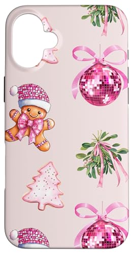 Hülle für iPhone 16 Plus Preppy Christmas Pink Discokugel Mistelzweig Lebkuchenmann von Cute Preppy Christmas Pink Disco Ball Coquette