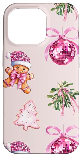 Hülle für iPhone 16 Pro Preppy Christmas Pink Discokugel Mistelzweig Lebkuchenmann von Cute Preppy Christmas Pink Disco Ball Coquette