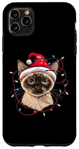 Hülle für iPhone 11 Pro Max Schlafanzug mit siamesischer Katze, Weihnachtsmann mit Weihnachtsbeleuchtung von Cute Siamese Santa Christmas Cat Funny Design