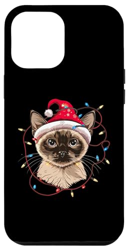 Hülle für iPhone 12 Pro Max Schlafanzug mit siamesischer Katze, Weihnachtsmann mit Weihnachtsbeleuchtung von Cute Siamese Santa Christmas Cat Funny Design