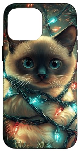 Hülle für iPhone 16 Pro Max Süße siamesische Katze Kunst Katzenliebhaber Weihnachtsbeleuchtung von Cute animals Pet gifts Festive theme Cozy winter