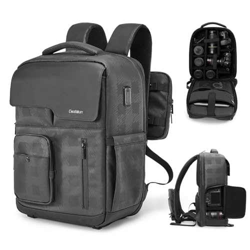 Cwatcun Kamerarucksack Wasserbeständig Fotorucksack Professioneller Kameratasche für spiegellose DSLR/SLR, kompatibel für Sony Canon Nikon Kamera und Objektivstativ Zubehör, L, Schwarz von Cwatcun