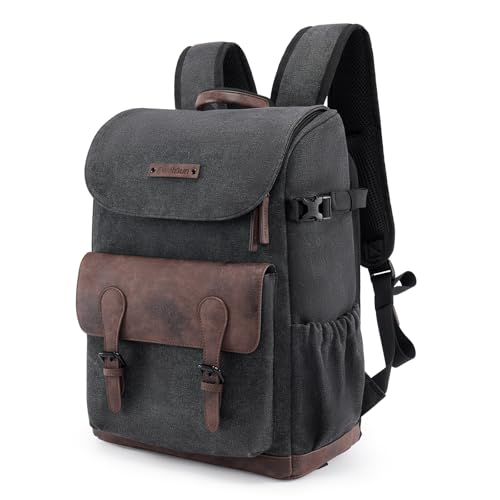 Cwatcun Kamerarucksack Wasserbeständig Segeltuch Fotorucksack Professioneller Kameratasche Vintage Rucksäcke für spiegellose DSLR/SLR, kompatibel für Sony Canon Nikon Kamera, S, Schwarz von Cwatcun