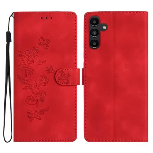 Cxzaqwer Handyhülle Kompatibel mit Samsung Galaxy S24 FE, Flip Wallet A Blume PU Leder Hülle Magnetverschluss [Standfunktion] [Kartenfächer] für Samsung Galaxy S24 FE Rot von Cxzaqwer