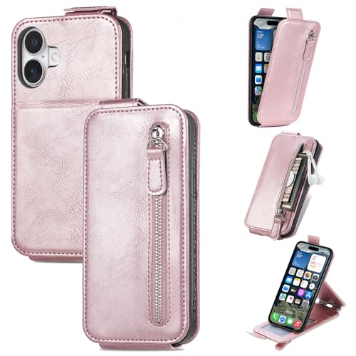 Cxzaqwer Handyhülle Kompatibel with iPhone 16, Das Deck überdecken Flip Wallet PU Lederhülle Klapphülle Magnetische [Standfunktion] [Kartenfächern] Schutzhülle für iPhone 16 Rosa von Cxzaqwer