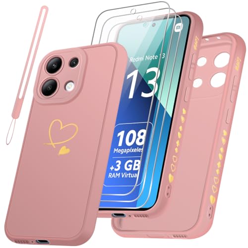 Czyoa Handyhülle für Xiaomi Redmi Note 13 4G（Nicht für 5G）und 3 Stück Hartglas Schutzfolie + 1 Schlüsselband, Weich und TPU, Stoßfest und Kratzfest Schutzhülle (Rosa) von Czyoa