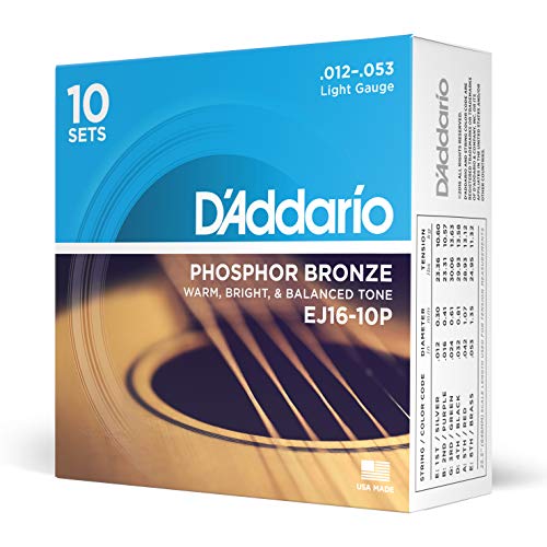 D'Addario Gitarrensaiten Westerngitarre | Gitarrensaiten Akustikgitarre | Acoustic Guitar Strings | DER BELIEBTESTEN SAITENMARKE | EJ16-10P | Phosphor Bronze | Light (12-53) | 10er Pack von D'Addario