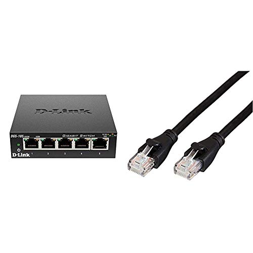 D-Link DGS-105 5-Port Layer2 Gigabit Switch (bis zu 2000 Mbit/s Datenübertragung pro Port) schwarz & Amazon Basics Ethernet-Netzwerkkabel, RJ45, Cat6, 1,5 m, 1.000Mbit/s von D-Link