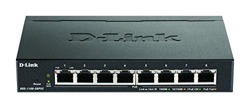 D-Link DGS-1100-08PV2/E, 8-Port Layer 2 Gigabit PoE Smart Switch (8 x 10/100/1000 Mbit/s BaseT PoE Port, 64W PoE Kapazität, lüfterlos, Metallgehäuse) - Nur EU-Netzkabel, Schwarz von D-Link