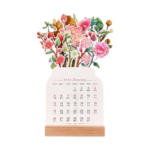 Kreativer Blumen-Schreibtischkalender 2025, floraler Schreibtischkalender mit abnehmbarem Holzsockel, Mini-Blume, Monatskalender, Planer, Neujahrskalender für Zuhause, Büro, Schule, Tischdekor von DAGESVGI