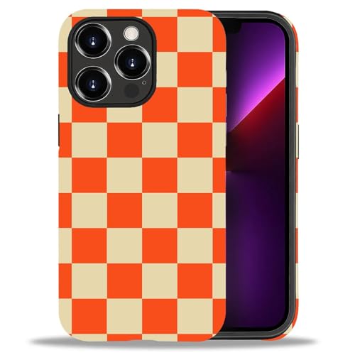 DAIZAG Schutzhülle für iPhone 13 Pro Max, Schachbrettmuster, Orange / Rot, 2-in-1, strapazierfähig, stoßfest, robustes Hart-PC + weiche Silikon-Schutzhülle für iPhone 13 Pro Max von DAIZAG