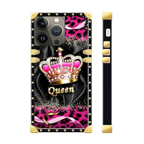 DAIZAG Schutzhülle für iPhone 14 Pro Max, Goldener Rand, 6,7 Zoll (17 cm), mit weichen TPU-verstärkten Ecken, Stoßdämpfung, rosa Leoparden-Diamant, Queen-Schutzhülle, kompatibel mit iPhone 14 Pro Max von DAIZAG