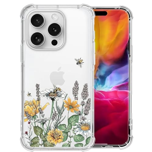 DAIZAG Transparente Hülle, kompatibel mit iPhone 16 Pro, Bienen pflücken Blumen, niedlich, weiche Silikonhülle, Blumendruck, transparente Schutzhülle für iPhone 16 Pro von DAIZAG