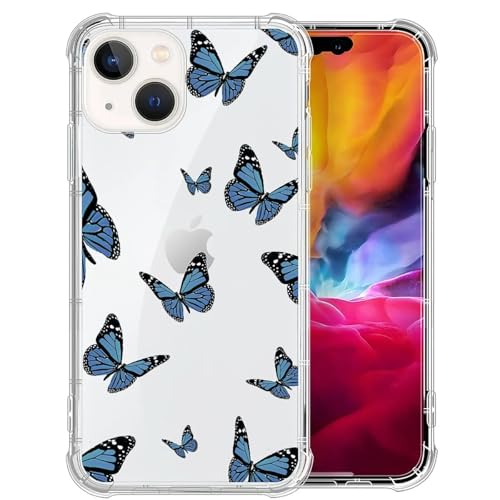 DAIZAG Transparente Schutzhülle, kompatibel mit iPhone 15 Plus, blauer Schmetterling, niedlich, weiches Silikon, Blumendruck, transparente Schutzhülle für iPhone 15 Plus von DAIZAG