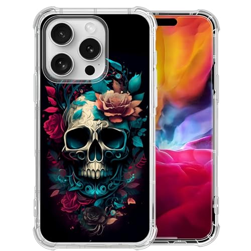 DAIZAG Transparente Schutzhülle, kompatibel mit iPhone 16 Pro, Totenkopf mit Blumen, niedlich, weiches Silikon, Blumendruck, transparente Schutzhülle für iPhone 16 Pro von DAIZAG