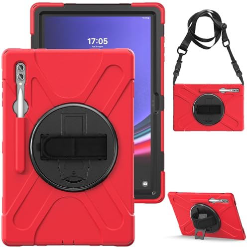 Sturzsicher, staubdicht, stoßfest, um 360 Grad drehbar, multifunktionale Griffhalterung, 3-in-1, bruchfeste Hülle für Samsung Galaxy Tab S10 Ultra 14,6 Zoll 2024 SM-X920, Rot von DAJIETOU