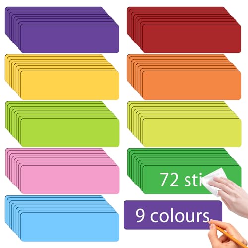 72 Stück Magnetstreifen Beschreibbar, 30x80 mm Magnetschilder zum Beschriften Magnete Whiteboard Magnetische Etiketten Wiederverwendbar für Whiteboards Kühlschränke Magnettafeln Metallschrank 9 Farben von DAKLUNAR