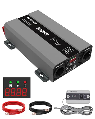 DATOUBOSS Wechselrichter 12v auf 230v Reiner Sinus 2000w, Spannungswandler 12v 230v 2000w mit AC Steckdose und 3A USB Anschluss für Haus, Wohnmobil, LKW, Off-Grid Solarstrom Inverter (SAK-12V2000W) von DATOUBOSS