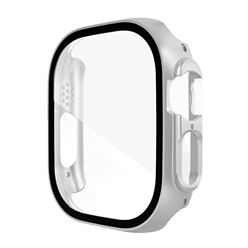 DAVNO Gehärtetes Glas + Hülle für Apple Watch 8 Ultra 49 mm, vollständige Abdeckung, Displayschutzfolie, PC, Stoßstange, iWatch 8 Ultra Zubehör (Farbe: Silber, Größe: Ultra 49 mm) von DAVNO