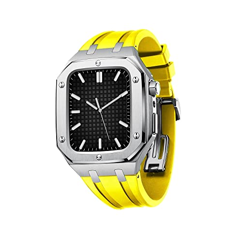 DAVNO Luxuriöses Armbandgehäuse für Apple Watch Serie 7, 45 mm, robuste Herren-Schutzhülle, sturzsicherer Metall-Stoßfänger mit Band für iWatch Serie 6/5/4 SE, 44 mm Silikonband (Farbe: Silbergelb, von DAVNO