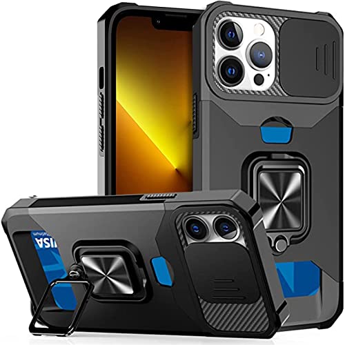 DAVNO Schutzhülle für iPhone 13 12 11 Pro Max XS Slide Camera Kickstand Kartenhalter Slot Heavy Duty Schutz mit Ring Ständer Abdeckung 2022 (Farbe: Schwarz, Größe: iPhone 12 Pro) von DAVNO