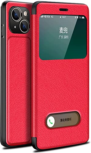 DAVNO Schutzhülle für iPhone 13 Mini/13/13 Pro/13 Pro Max, PU-Leder-Klapphülle mit Sichtfenster, Magnetverschluss, Folio (Farbe: Rot, Größe: 13pro max 6,7 Zoll) von DAVNO