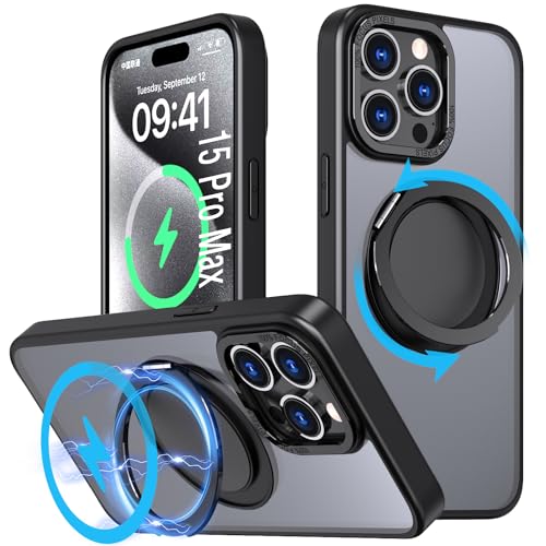 DAWEIXEAU Hülle für iPhone 15 Pro Max,Kompatibel mit MagSafe 360° Drehbare magnetische Ring Ständer Stoßfeste HandyHülle für iPhone 15 Pro Max (Schwarz) von DAWEIXEAU