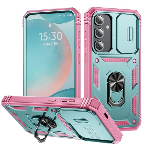 DAWEIXEAU Schutzhülle für Galaxy S24 FE, Schiebeobjektiv-Schutzhülle, stoßfest, schlagfest, mit Ständer, Schutzhülle für Samsung Galaxy S24 FE 5G 6,7 Zoll (17 cm), Rosa Grün von DAWEIXEAU