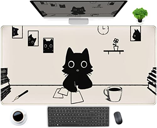 Ästhetische Anime-Schreibtischunterlage, niedliches Kawaii-Minimalistisches schwarzes Cartoon-Katze, XXL, großes erweitertes Gaming-Mauspad, Schreibtischunterlage, PC-Laptop-Tastatur und Mauspad für von DCJJM