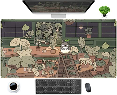 Niedliche ästhetische Anime-Schreibtischunterlage, braun, grün, Pflanzen-Mauspad, Kawaii, cooles Cartoon-Anime-Mauspad, Laptop-Tastatur-Mauspad für Mädchen und Frauen, Schreibtischmatte 80x40 cm von DCJJM