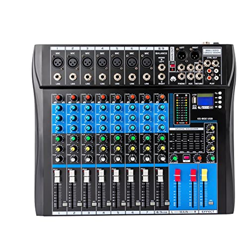 Audio-Mixer, Soundboard-Mischpult mit 8-Kanal-Digital-USB-Bluetooth-Hall-Delay-Effekt, Eingang 48 V Phantomspeisung Stereo-DJ-Mixer für Aufnahmen, Live-Streaming, Podcasting von DCSYOG