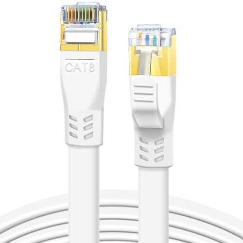 DDMALL CAT 8 LAN Kabel 10m, Hochgeschwindigkeit 40Gbps 2000MHz SSTP CAT8 Flaches Patchkabel, Gigabit Internet Netzwerkkabel mit Vergoldetem RJ45 Stecker für Gaming, Modem, Router, PC (10 Meter/Weiß) von DDMALL