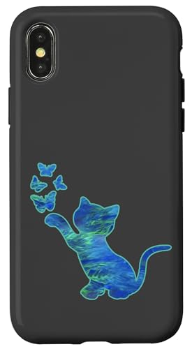 Hülle für iPhone X/XS Lila Blau Cyan Katze und Schmetterling auf einem dunkelgrauen von DDNDesigns