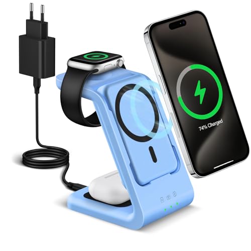 DDUAN 3 in 1 Mag-safe Ladestation, Wireless Kabelloses Ladegerät Kompatibel für Phone/Watch/Air - pod, 5000mAh Powerbank Induktive Charger, Typ-c Magnetische Ladegerät für 15/14/13/12 Serie(Blau) von DDUAN