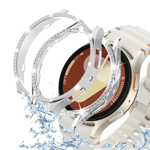 DEALELE [2 Pack] Uhrengehäuse Kompatibel mit Samsung Galaxy Watch 7 40mm / 44mm, Glitzer Strass Diamant Schutzhülle Uhrenabdeckung Ersatz Gehäuse für Damen Herren, 40mm, Silber + Transparent von DEALELE