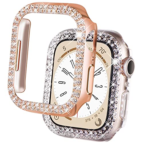 DEALELE [2-Pack] Uhrengehäuse Kompatibel mit Apple Watch Series 9/8 / 7 41mm, Glitzer Strass Diamant Schutzhülle Uhrenabdeckung Ersatz Gehäuse für Damen Herren (41mm, Roségold+Transparent) von DEALELE