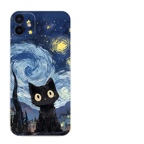 DEEYIN Cat Phone Case Artistic Schwarz Cat Starry Night Phone Case For iPhone 15 14 13 12 11 Pro Max 12 13 Soft Shell Cover von DEEYIN